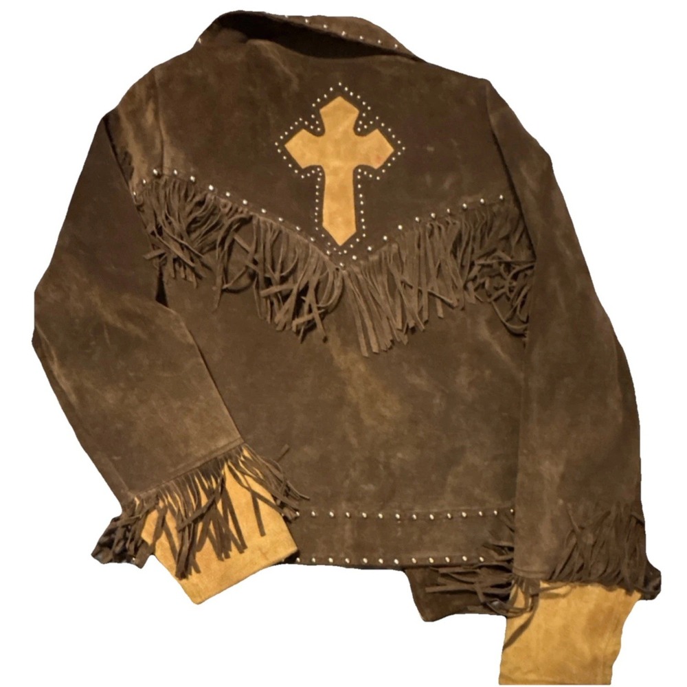Saguaro Jacket Brown Leather Fringe Studded Cross Zip Western Women's Size L - Picture 5 of 5